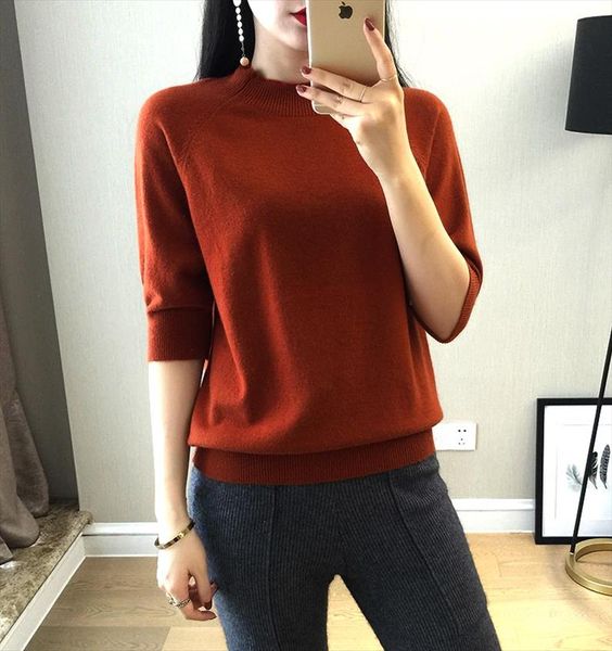 

new style womens knitted cashmere half sleeve sweater half high collar slim style solid wool color pullover ing, White;black