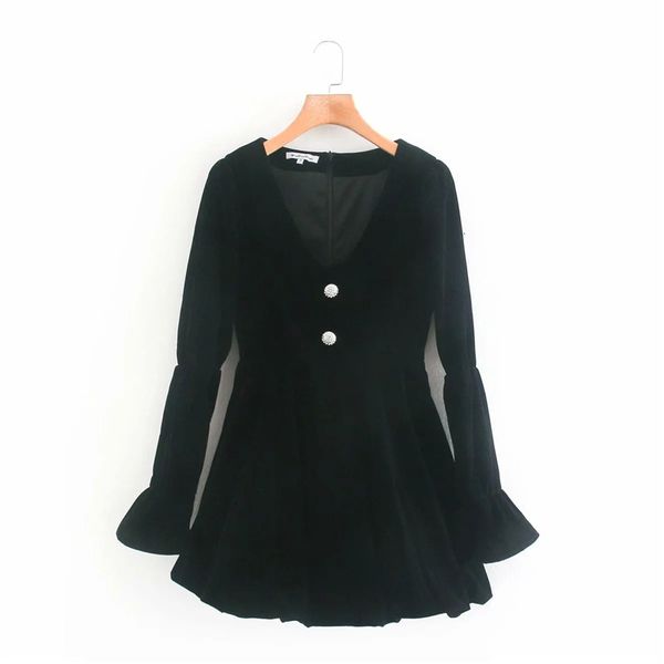 

2021 new vintage french black velvet women fashion v-neck long puff sleeves a-line slim mini dress woman elegant dresses javp, Black;gray