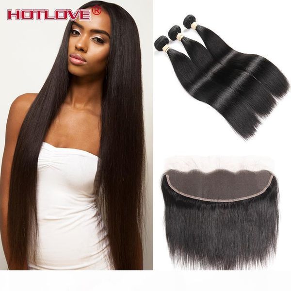 

lace frontal closure with bundles malaysian virgin human straight 3 pcs hair with pre plucked closure frontal 13*4 part, Black;brown