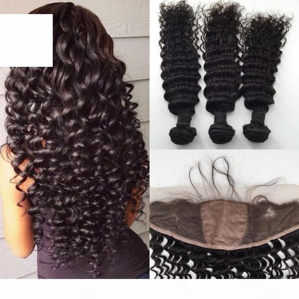 

brazilian deep wave silk base frontal closure with bundles ,virgin human hair bundles with frontal silk base with 3 bundles, Black