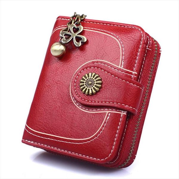 

womens wallet vintage wallet 2020 waxed leather women zipper button purse tassels card holder coin pocket wallet portfel damski, Red;black