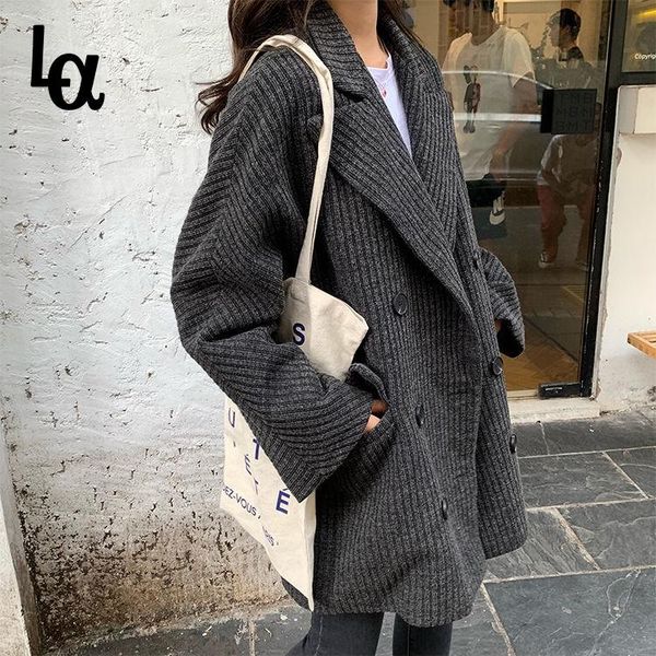 

luck a 2021 winter women solid slim elegant wool coat office lady vintage streetwear female thick warm double breasted outerwear, Black
