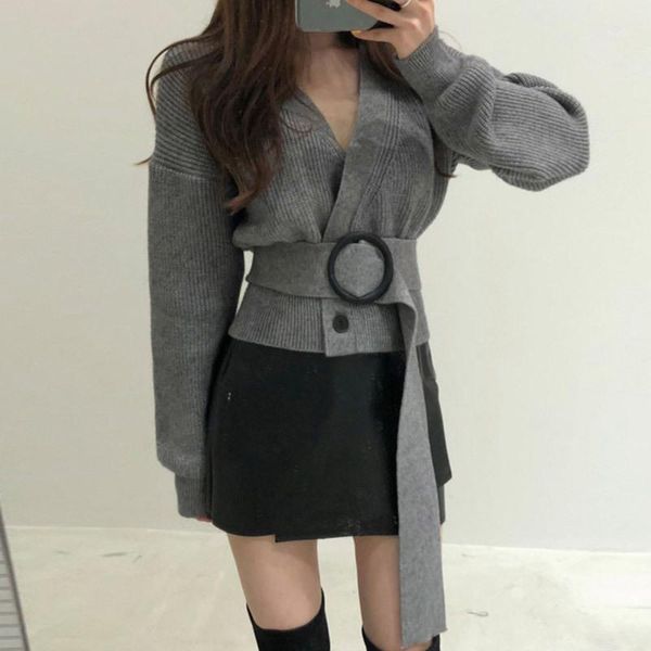 

misswim chic double-breasted knit cardigan women 2020 autumn winter long sleeve solid retro v-neck belt sweater female office1, White
