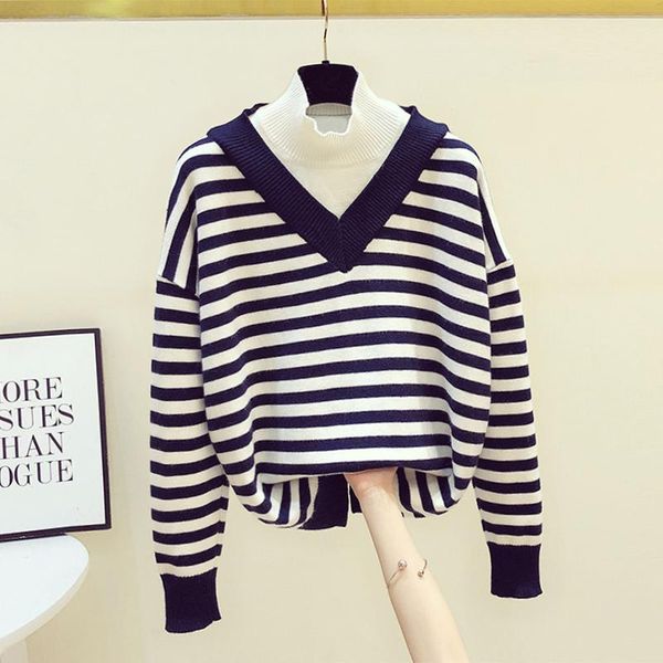 

2020 autumn winter new loose sweater woman patchwork stripes turtleneck sweaters all-matching long-sleeved female knitted top, White;black