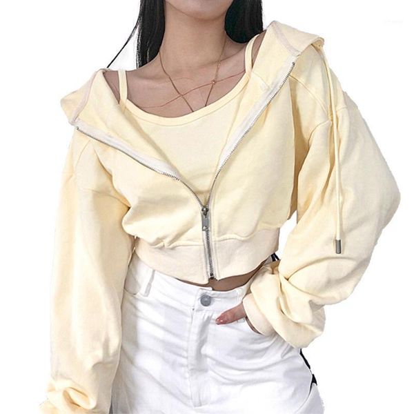 

women's fall coat cropped party loose zipper long sleeve solid color hooded short cardigan1, Black;brown