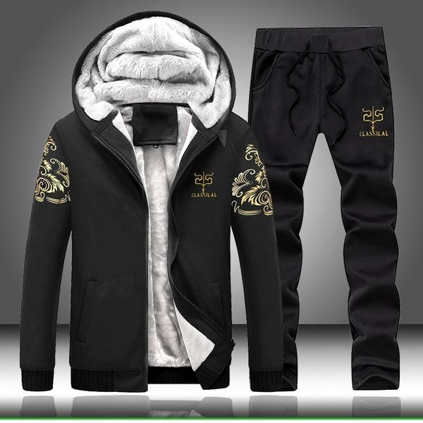 

winter men tracksuit new fleece lined jacket sweatpants men thick warm tracksuits casual slim fit mens fashion sets 201118, Gray