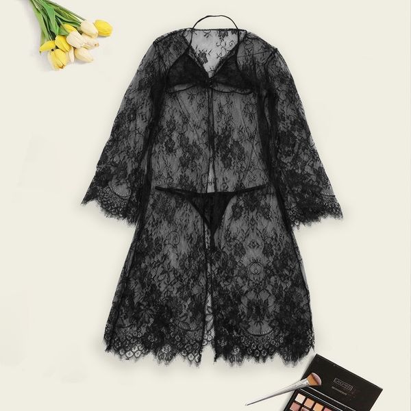 

lace lingerie robe women transparent mesh night erotic bra g-string underwear set plus size porno sleepwear, Black;white