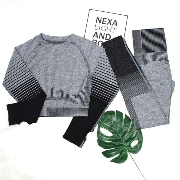

seamlesstwo piece set women long sleeve push up fitness clothes women outfit and leggings tracksuit women c0122, Gray
