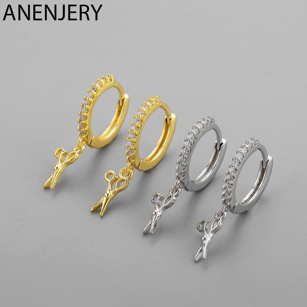 

anenjery 925 sterling silver scissors shape pendant hoop earrings for women full zircon round earrings s-e1425, Golden;silver