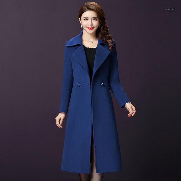 

office lady slim women long winter wool blend coat turn-down collar wool coat and jacket single breasted outerwear1, Black