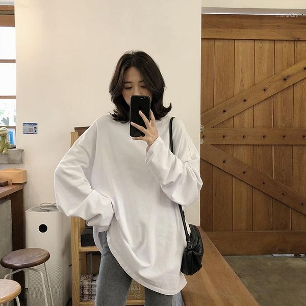 

autumn 2020 korean new women's bf lazy style white long sleeve t-shirt women ins mid-length base tshirt1