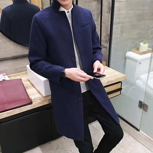 

men's wool & blends 2021 mens fashion boutique pure color business standing collar woolen dust coats / male quality slim leisure trench, Black