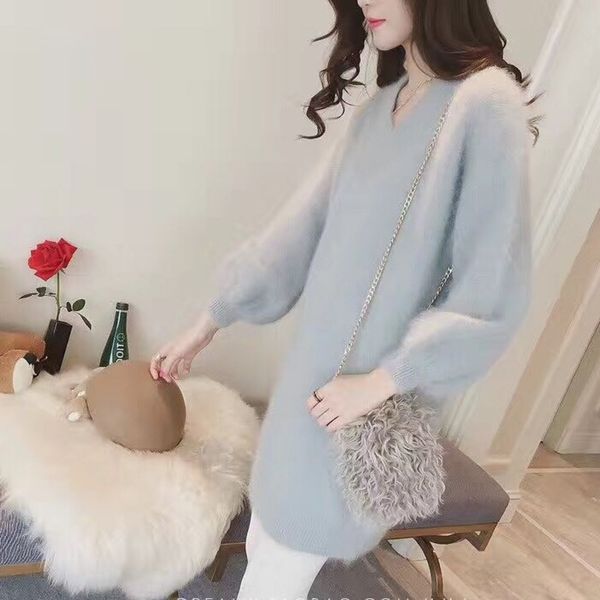 

481mn new v-neck mink like rabbit hair korean in autumn pullover lantern sleeve medium length and sweater sweater loose pullover and winter, White;black