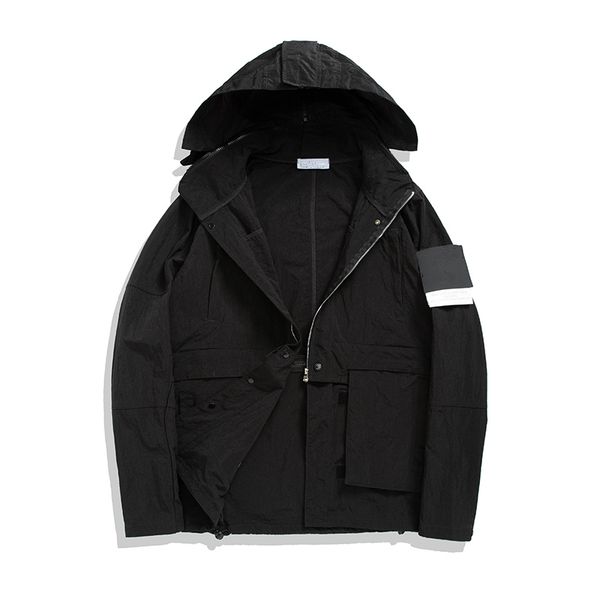 

leisure trend men's trench coats classic winter fashion hooded multi pocket tooling jacket solid thin brand coat, Tan;black
