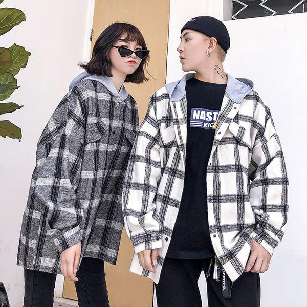 

2021 autumn new men loose hooded black and white gray plaid long-sleeved shirt plus size men's and women's shirts ing, White;black
