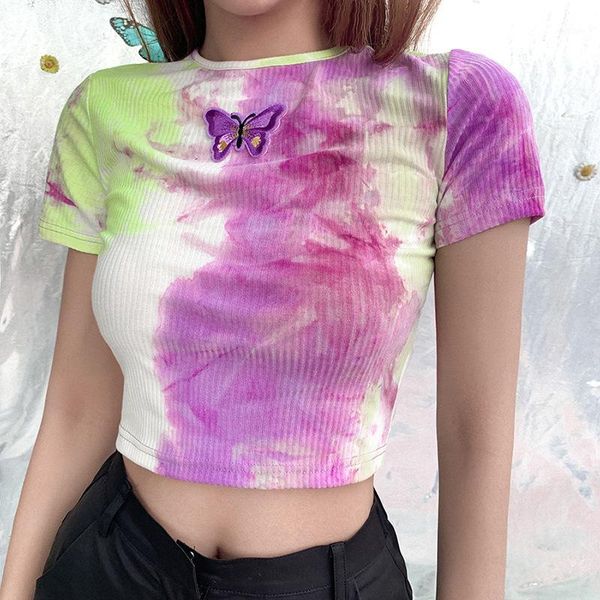 

yoga outfits butterfly decoration sport shirt tie-dye short sleeves workout crop fitness1, White;red