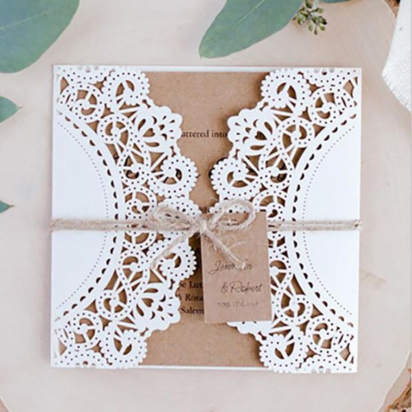 

greeting cards (50 pieces/lot) laser cut lace invitation card with rope birthday invitations kraft paper and envelopes ic117