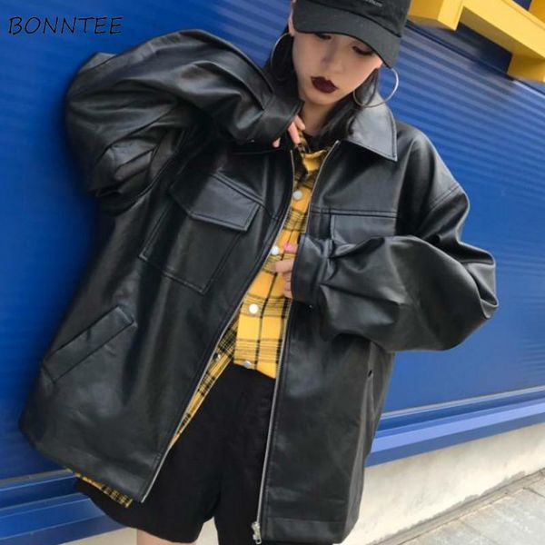 

jackets women solid zipper pockets pu motorcycle leather jacket bf cool students new trendy harajuku streetwear all-match chic, Black;brown