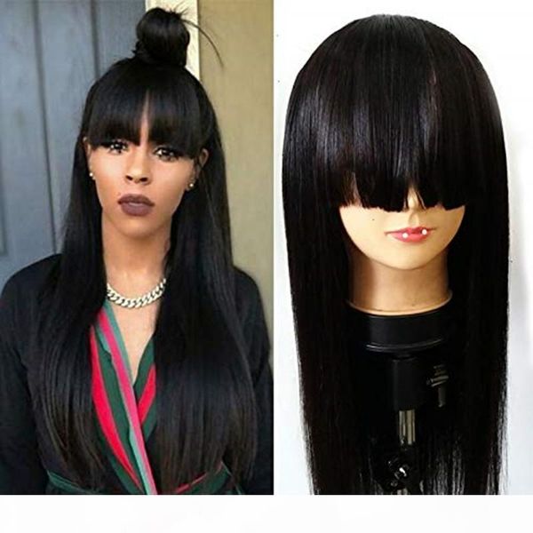 

long black silky straight full bangs wigs 180% density japanese fiber hair synthetic none lace wigs baby hair 24inches for fashion girl