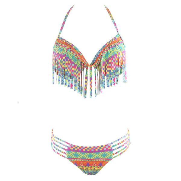 

digital printing split tassel steel holder for women's bikini high waist swimsuit, White;black