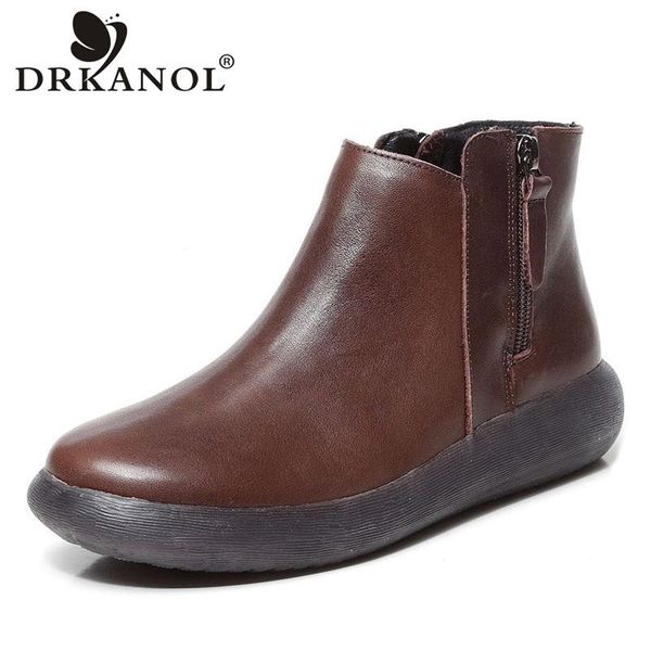 

drkanol fashion double zipper women boots quality genuine leather round toe non-slip autumn winter warm shoes women ankle boots, Black