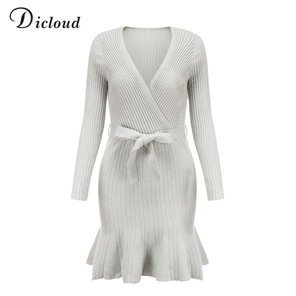 

dicloud v neck knitted ruffle dress women winter autumn long sleeve party day dress with waist tie ladies ribbed knitwear h1210, Black;gray