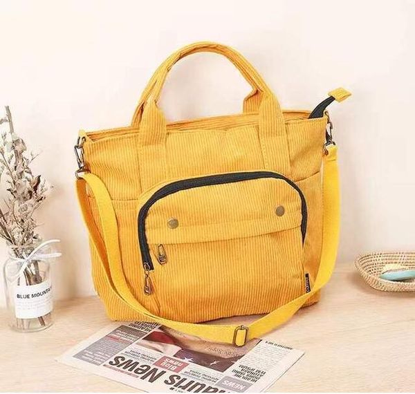 Borsa a tracolla in velluto a coste Borse per la spesa vintage da donna Borse a tracolla per studenti con cerniera per ragazze Borsa casual con tasca esterna 202 Borsa da scuola gialla