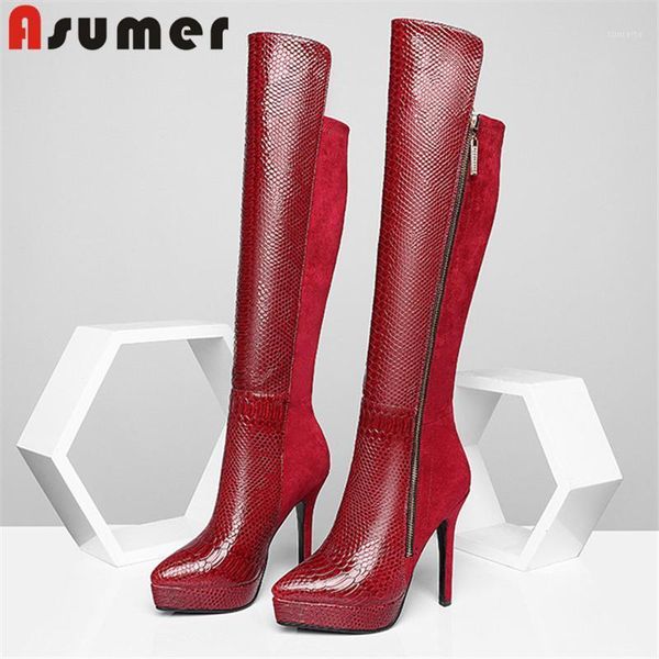 

asumer 2020 knee high boots women pointed toe zipper thin high heel platform boots ladies party wedding shoes1, Black