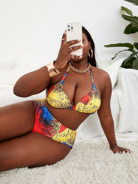 

plus color block halter bikini swimsuit d16r#, Black