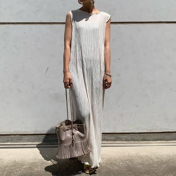 

fashion pleated women sleeveless dress summer 2020 korean style lady long maxi dresses robe straight femme vestidos simple cut y0118, Black;gray