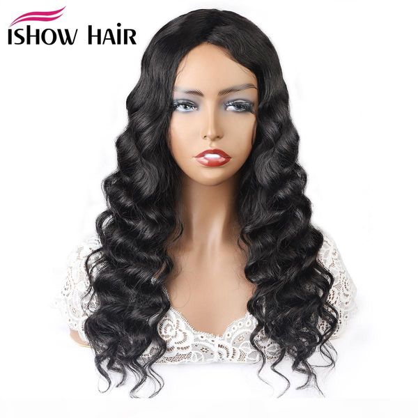 

ishow brazilian loose deep yaki straight human hair wigs middle part peruvian water curly none lace wigs indian hair malaysian body, Black;brown