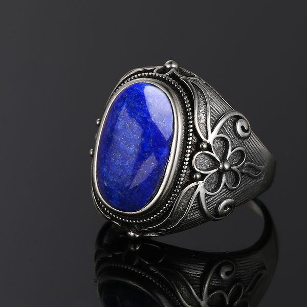 

luxury vintage sterling silver ring 11x17mm big oval lapis lazuli rings for men women fine jewelry party anniversary q1218, Golden;silver
