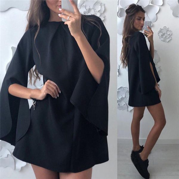 

women ruffled a line party dress ladies split long sleeve o neck elegant dress 2021 female autumn solid mini, Black;gray