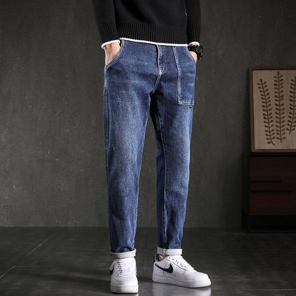 

men's jeans fall cowboy trousers men korean version trend slim straight tube everything goes with 2021 logo spring and autumn styl, Blue