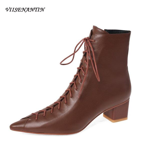 

french retro lace-up pointed thick heel short boots new style temperament spring autumn single boots women mid-heel ankle, Black