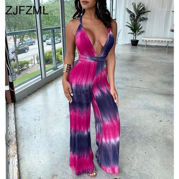 

colorful tie dye rompers womens jumpsuit deep v neck sleeveless wide leg bodysuit casual cross backless one piece overalls1, Black;white