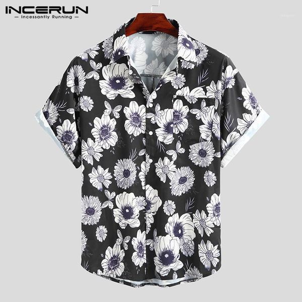 

incerun summer fashion flower printed shirt men short sleeve casual turn down collar hawaiian shirts 2020 beach vacation camisa1, White;black