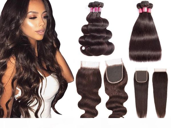 

8а человеческие пучки волос с closures 4 * 4 кружева ручной работы 100% бразильского виргинские волос соткать двойной уток тела волна straig, Black