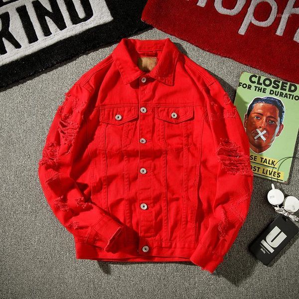 

ripped men women red white pink black solid denim jackets fashion streetwear male holes casual distressed jeans jacket coat 5xl1, Black;brown