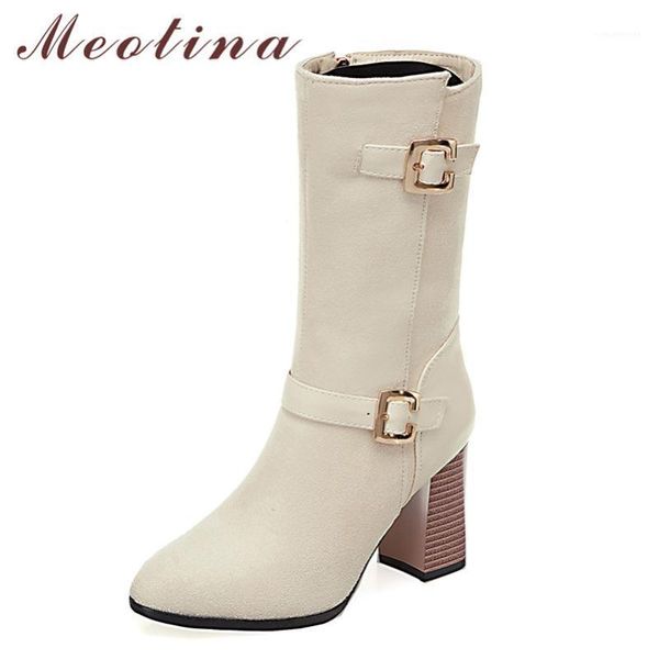 

boots meotina buckle high heel mid-calf women shoes pointed toe chunky heels zip short lady winter beige red plus size 461, Black