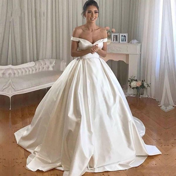 

elegant ball gown wedding dresses off shoulder satin court train bridal gowns buttons back plus size wedding dress robes de mariee, White