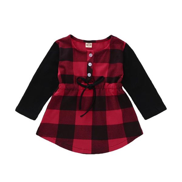 

2021 new fall autumn 6m-4y toddler baby girls red plaid bow buttons black long sleeve dress casual infant kids children outfits, Red;yellow