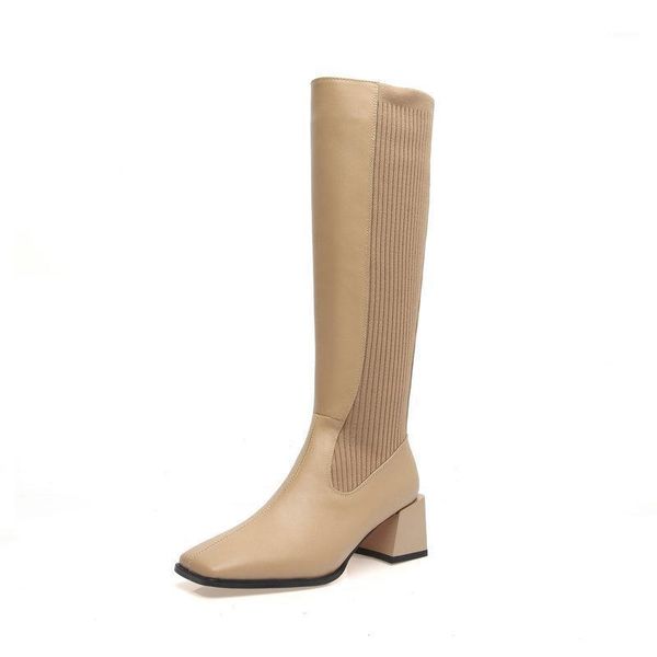 

vintage square toe knee high boots genuine leather thick high heels ankle boots knitting band 2020 winter party working1, Black
