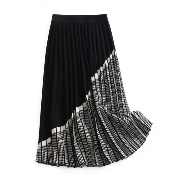 

2021 new elegant high waist knitted striped winter thick long chic women a line pleated skirt jupe femme saia 5mx6, Black
