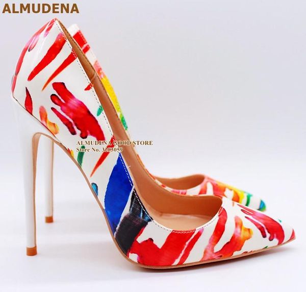 

almudena 12cm white high heels mixed color dress pumps graffiti printed wedding shoes red blue yellow mixed color party shoes, Black