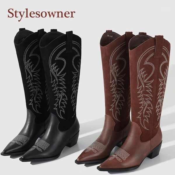 

knee-high thick-heel long-tube boots pointed toe embroider western cowboy boots med spike heels knight shoes for woman winter1, Black