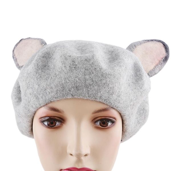 

ухо весна женщин vintage handmade кошачий hat правда real шерстяная теплая зима берет 2020 руководство шерсть берета мода cute сладкие берет, Blue;gray