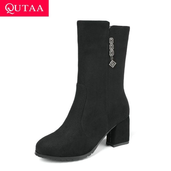 

qutaa 2020 fashion rhinestone scrub zipper casual women shoes round toe square high heel autumn winter mid calf boots size 34-43, Black