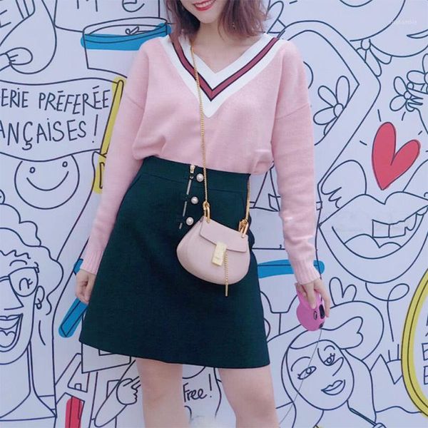 

women sweater solid color matching v-neck pink casual wool sweater1, White;black