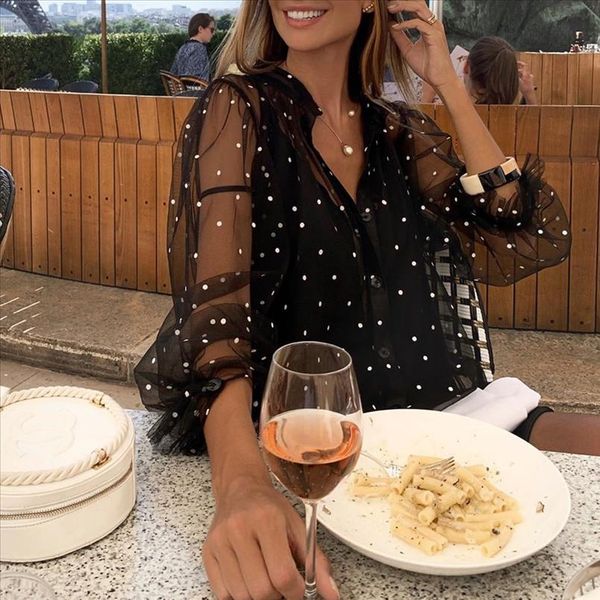 

see through polka dot mesh sheer blouses women transparent shirts 2020 spring fall female long sleeve o neck shirts blouse, White